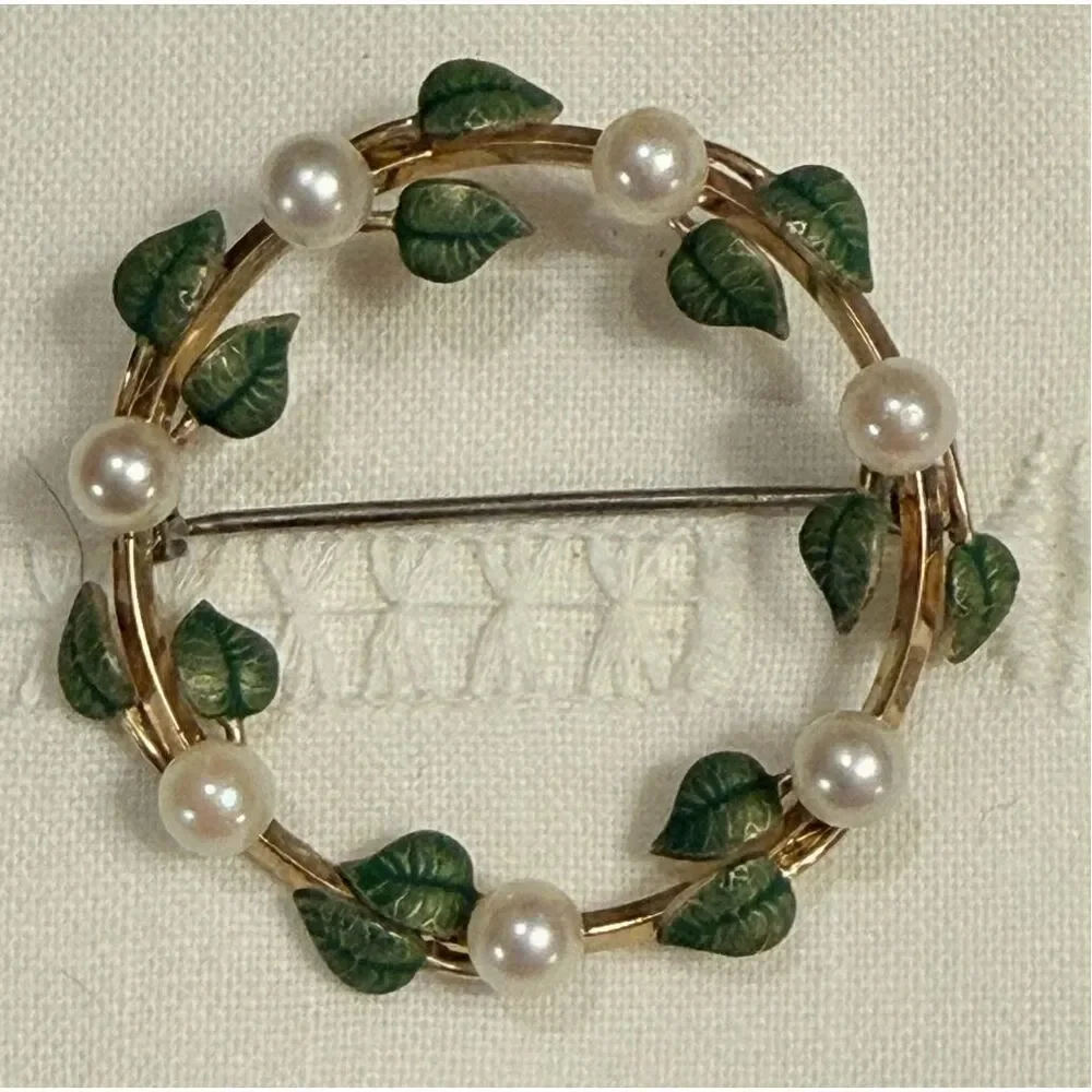 Vintage Krementz Wreath Pearl Green Leaf Gold Fill Brooch